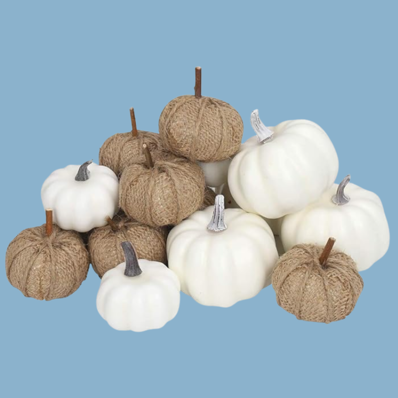 Fabric and White Pumpkins Assorted Size - 16PCS Burlap for Rustic Fall Decor
