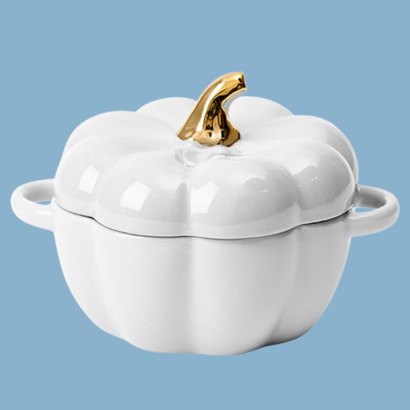 Dutch Oven Pot with Lid, 15 Oz Cute Pumpkin Ceramic (White)