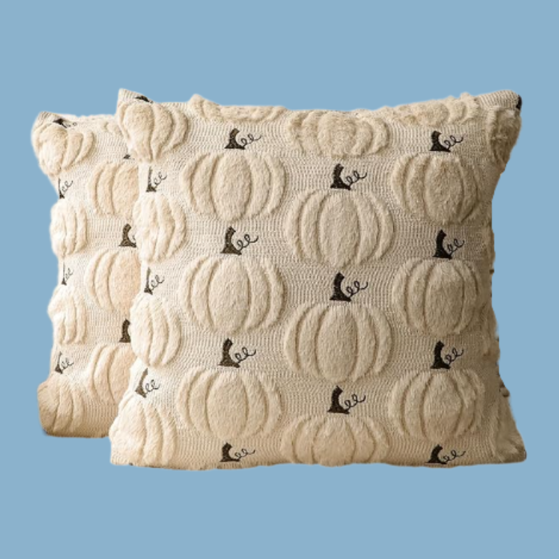 4TH Emotion Fall Pumpkin Decorative Pillow Covers 18x18 Set of 2, Beige Soft Plush Faux Fur Wool Farmhouse Throw Cushion Cases for Autumn Thanksgiving Holiday Home Decorations