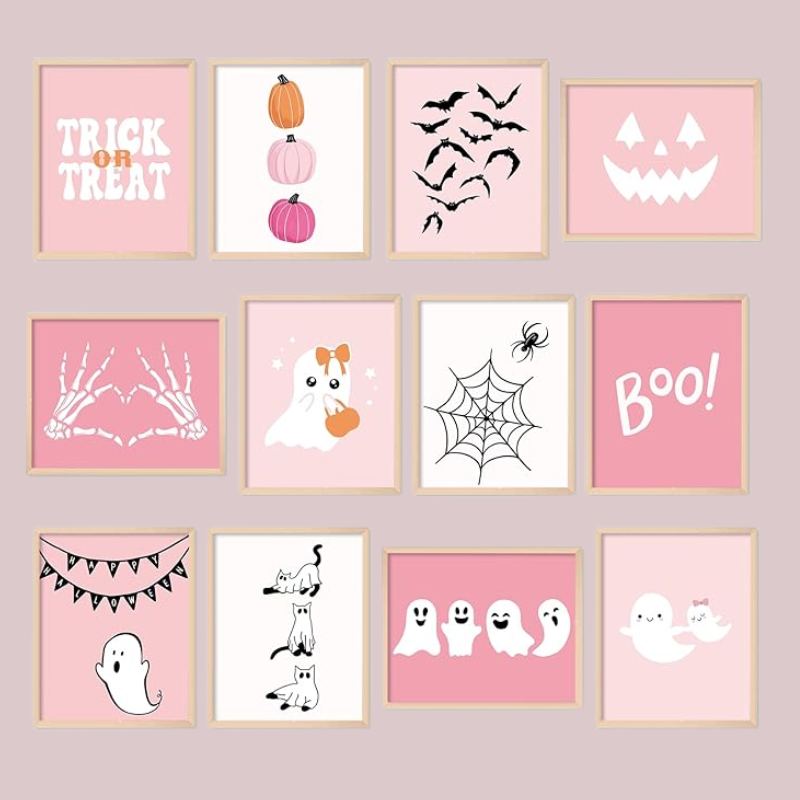 Whaline 12Pcs Halloween Wall Art Prints Pink Ghost (UNFRAMED 11 x 14 Inch)