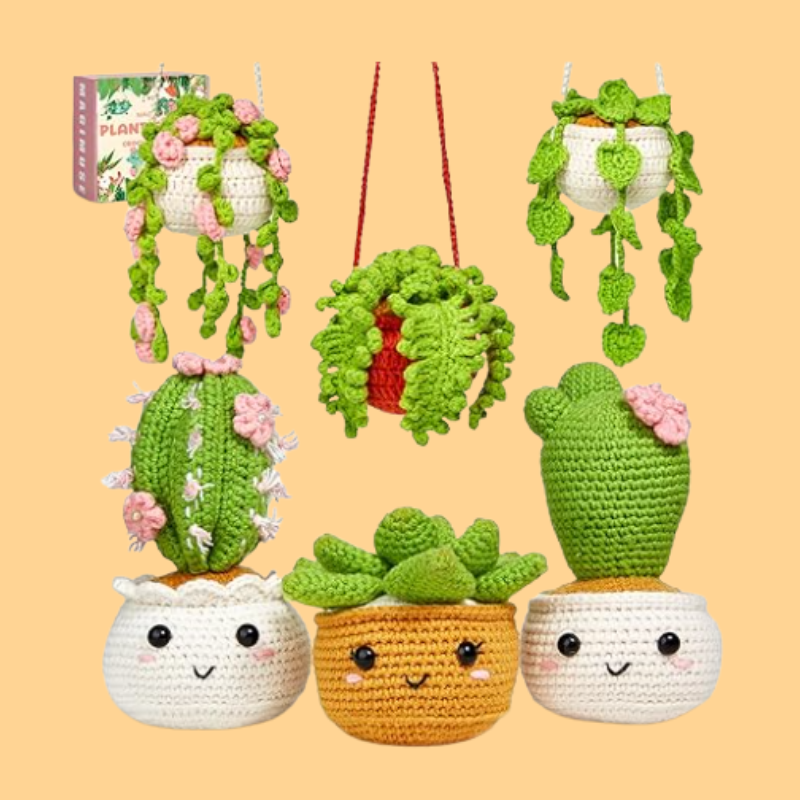 Amigurumi Craft Knitting Crocheting Kits with Step-by-Step Video Tutorials, 6 Pack Hanging Potted Plants Family