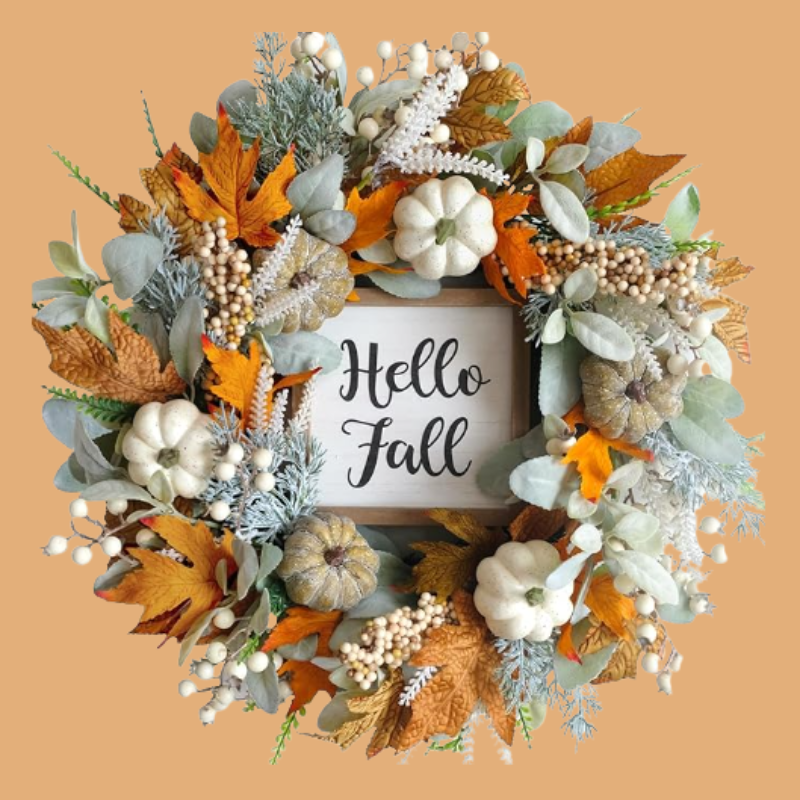 20inch Thanksgiving Fall Wreath, Eucalyptus Berries Pumpkins Lamb Ears Leaves Autumn Wreaths for Front Door