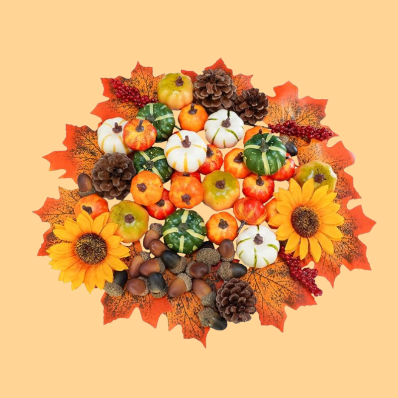 68 Pcs Assorted Mini Artificial Pumpkins with Maple Leaves Pinecones Acorns Sunflowers Berries Fall Decorating Kit
