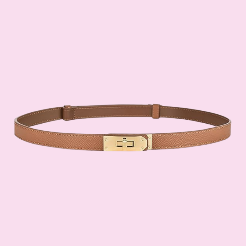 Women's Skinny Leather Belt with Adjustable Golden Turn-Lock Buckle