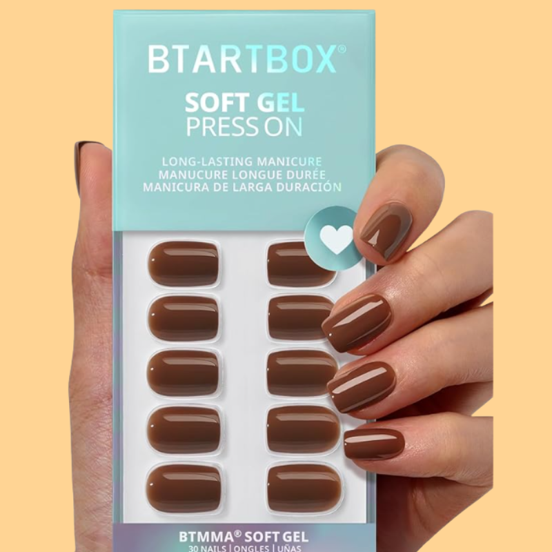BTArtbox Press On Nails Short - Bold Brew, Caramel Brown Square Press On Nails with Glue and Adhesive Tabs for Women, Opaque Soft Gel Glue On Nails in 15 Sizes - 30 Stick On Nails Kit