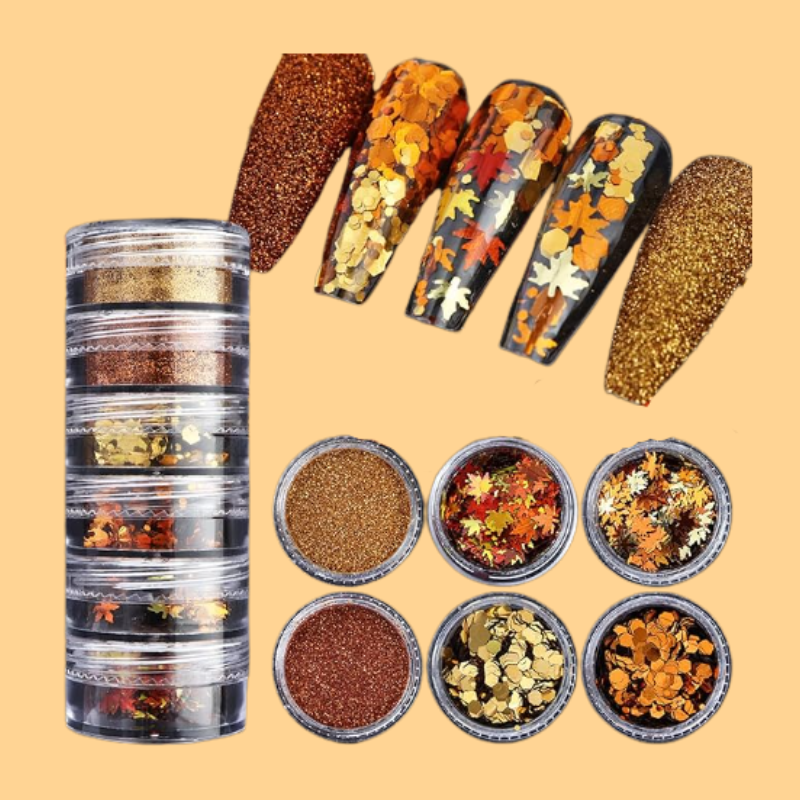 Fall Nail Art Glitter Maple Leaf Nail Sequins Flakes, 2 Colors Manicure fine Glitter Powder, 3D Holographic Orange Red Nail Stickers Decals Supplies Nail Charms for Women Girls 6 Box