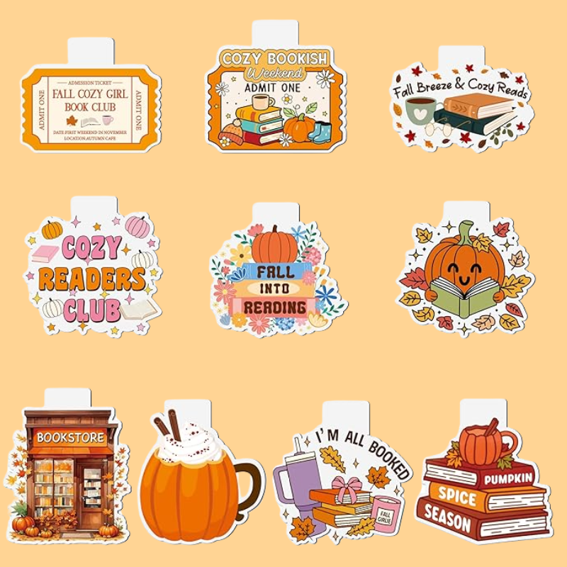 10Pcs Fall Pumpkin Magnetic Bookmarks - Funny Cozy Reader Bookmarks
