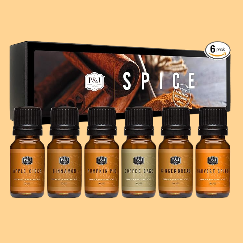 P&J Fragrance Oil Spice Set | Cinnamon, Harvest Spice, Apple Cider, Coffee Cake, Gingerbread, and Pumpkin Pie Candle Scents for Candle Making, Freshie, Soap Making Supplies, Diffuser Oil Scents
