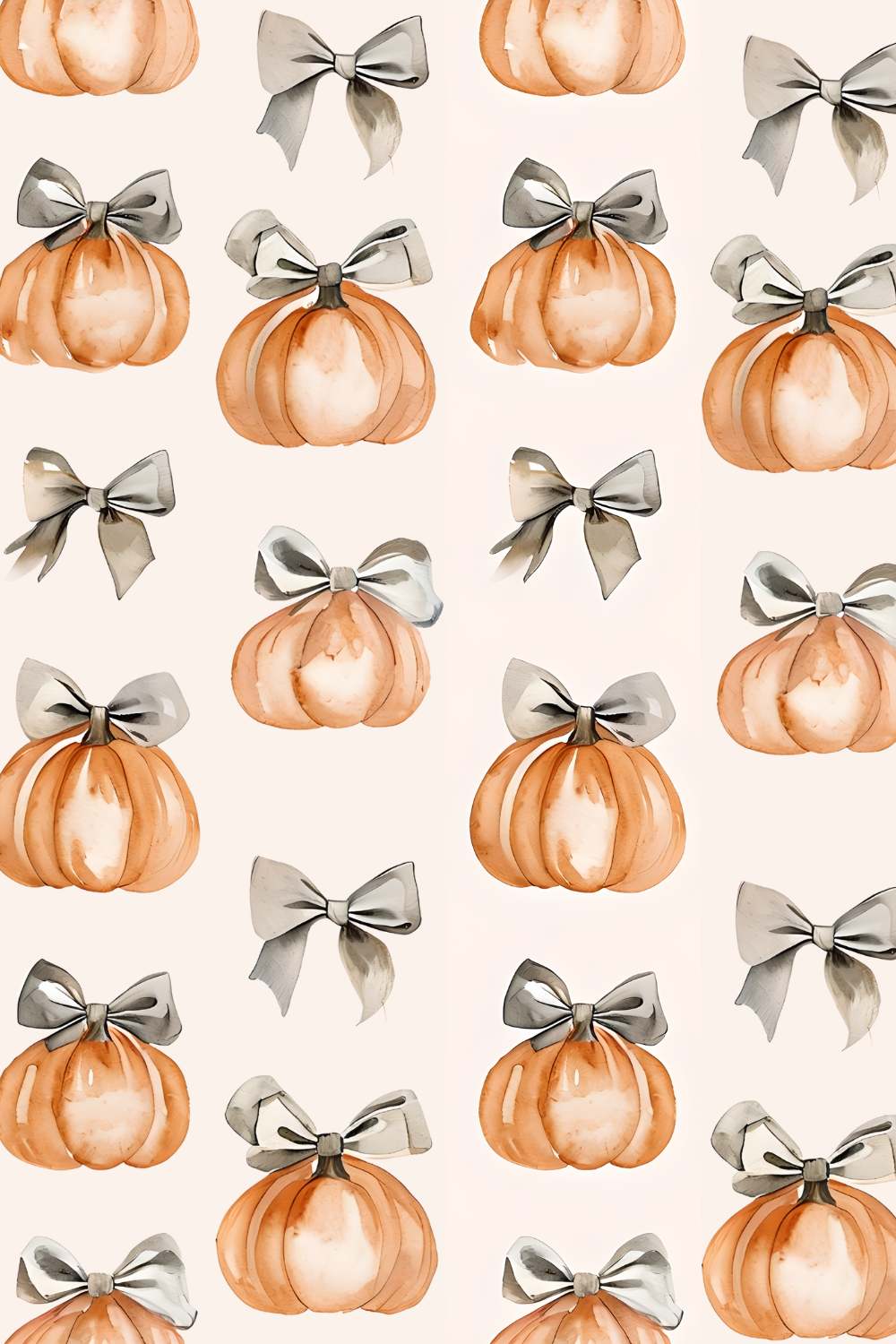 Cute fall aesthetic wallpaper with watercolor pumpkins tied with silver bows, perfect cozy autumn phone background