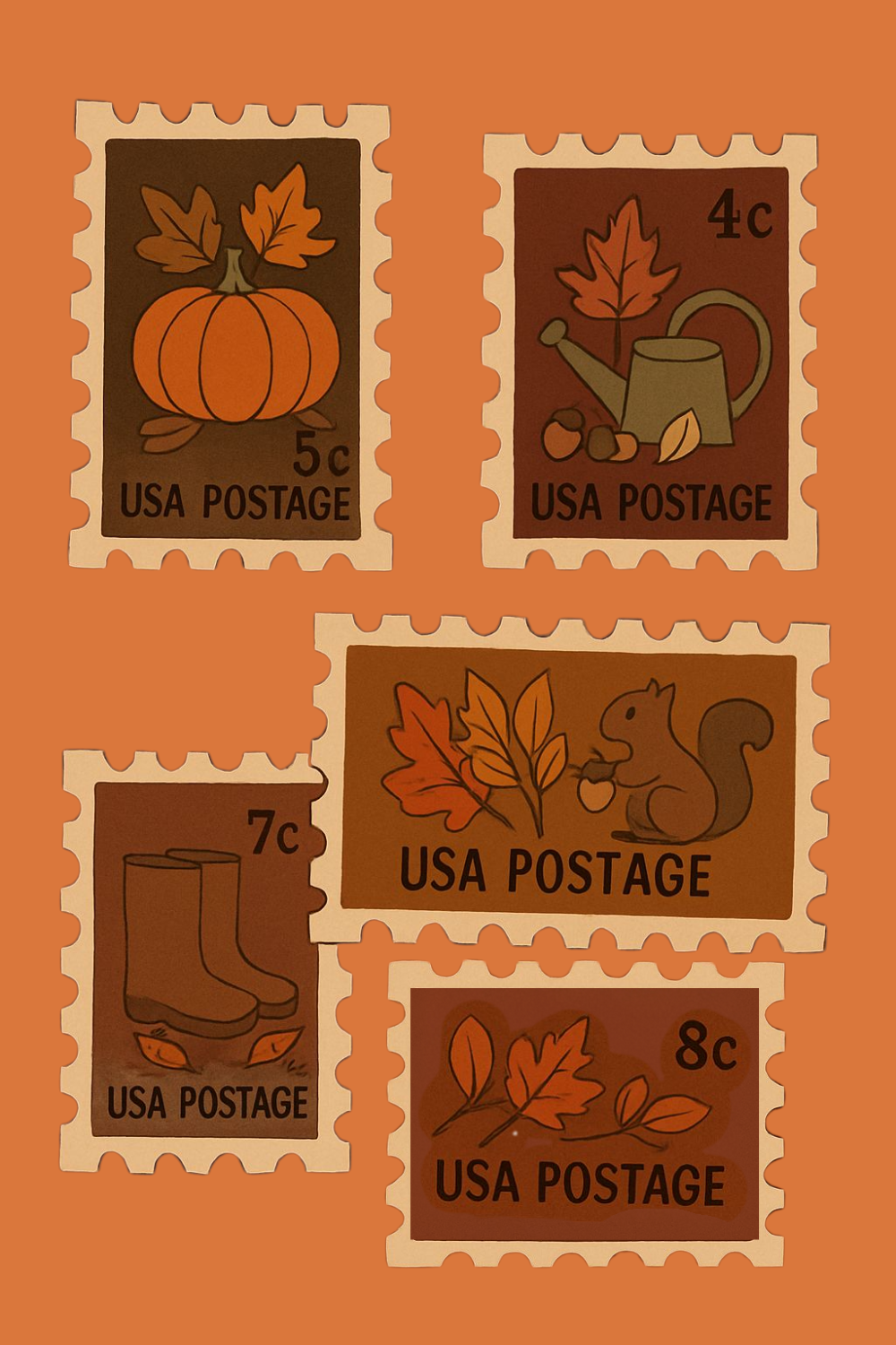 Vintage fall wallpaper with illustrated postage stamps featuring pumpkins, autumn leaves, a squirrel with an acorn, rain boots, and a watering can in warm orange and brown tones.