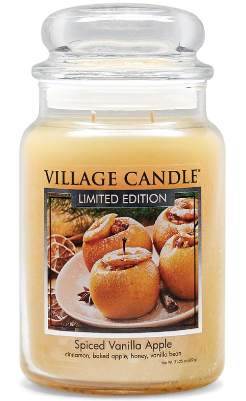 Village Candle Spiced Vanilla Apple, Large Glass Apothecary Jar Scented Candle, 21.25 oz, Ivory