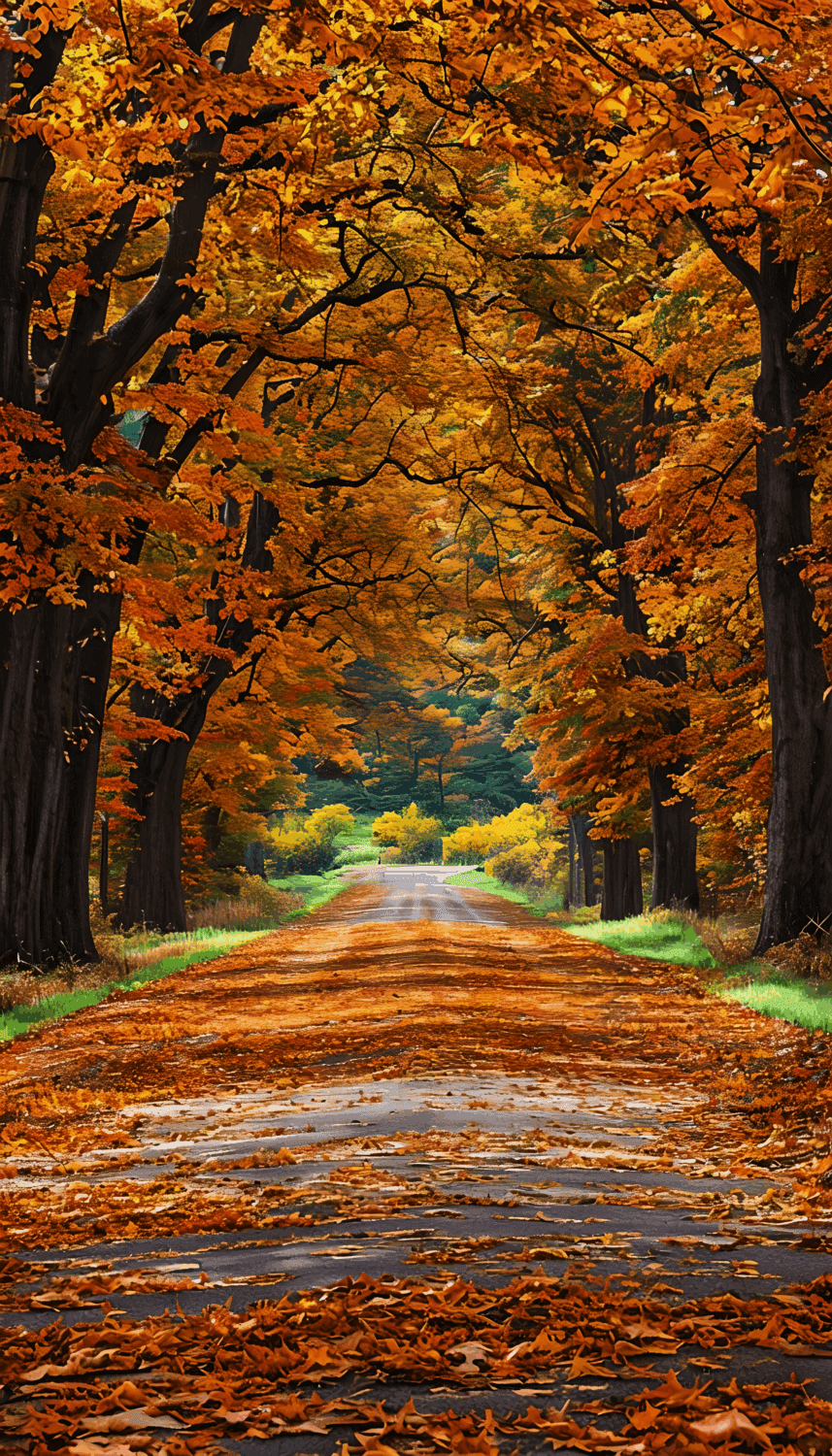 Scenic fall wallpaper with a quiet road lined by tall trees full of golden, orange, and red autumn leaves, with fallen leaves covering the ground.