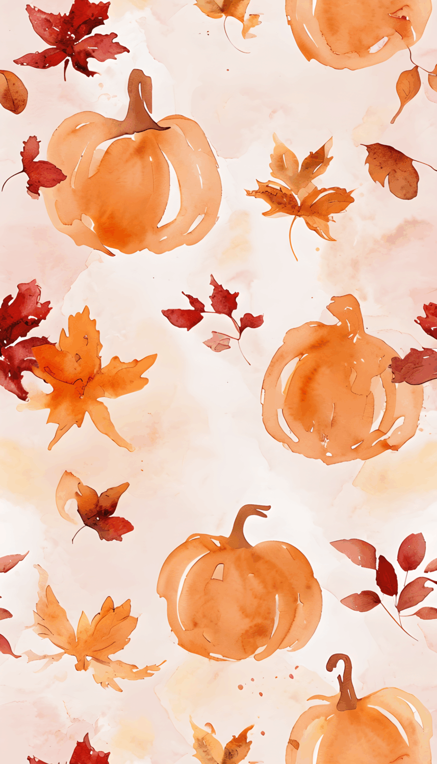 Aesthetic fall wallpaper with watercolor pumpkins and autumn leaves in orange and red hues