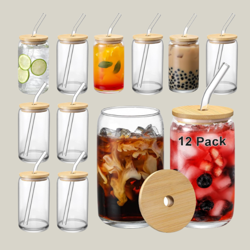 Glass Cups with Bamboo Lids and Glass Straw