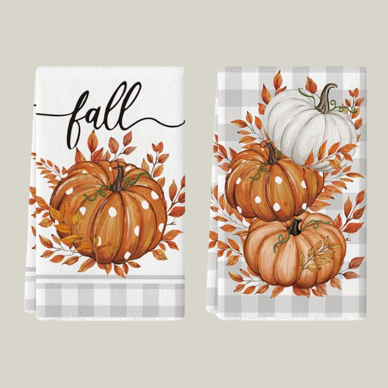 Artoid Mode Orange Buffalo Plaid Leaves Pumpkin Fall Kitchen Towels Dish Towels