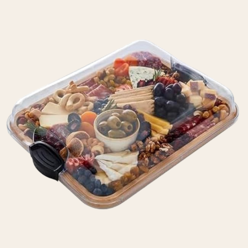 Farberware Build-A-Board Bamboo Cutting Board with Single Storage Compartment, Clear Locking Lid, Black Handles, Perfect for Charcuterie & Snacks