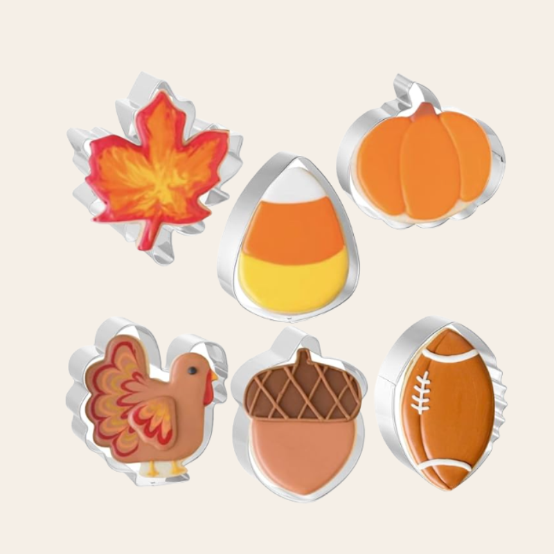 Fall Thanksgiving Cookie Cutters 6 PCS, 3'' to 3.6'', Pumpkin, Leaf, Football, Turkey, Acorn, Candy Corn