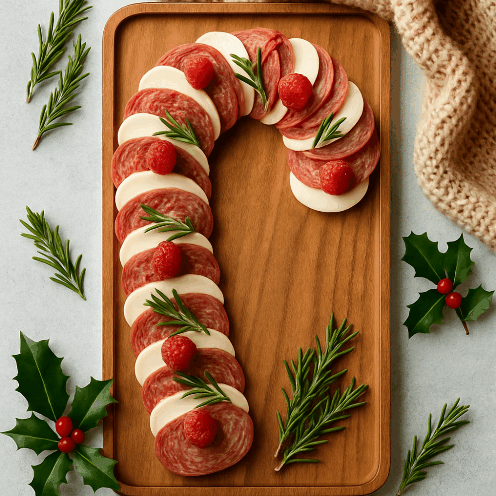 Candy cane-shaped charcuterie board made with alternating slices of salami and mozzarella, garnished with raspberries and greenery.