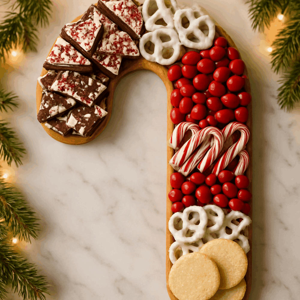 Candy cane-shaped dessert snack platter made with red and white candies, cookies, chocolate bark, and peppermint treats arranged on a wooden board.