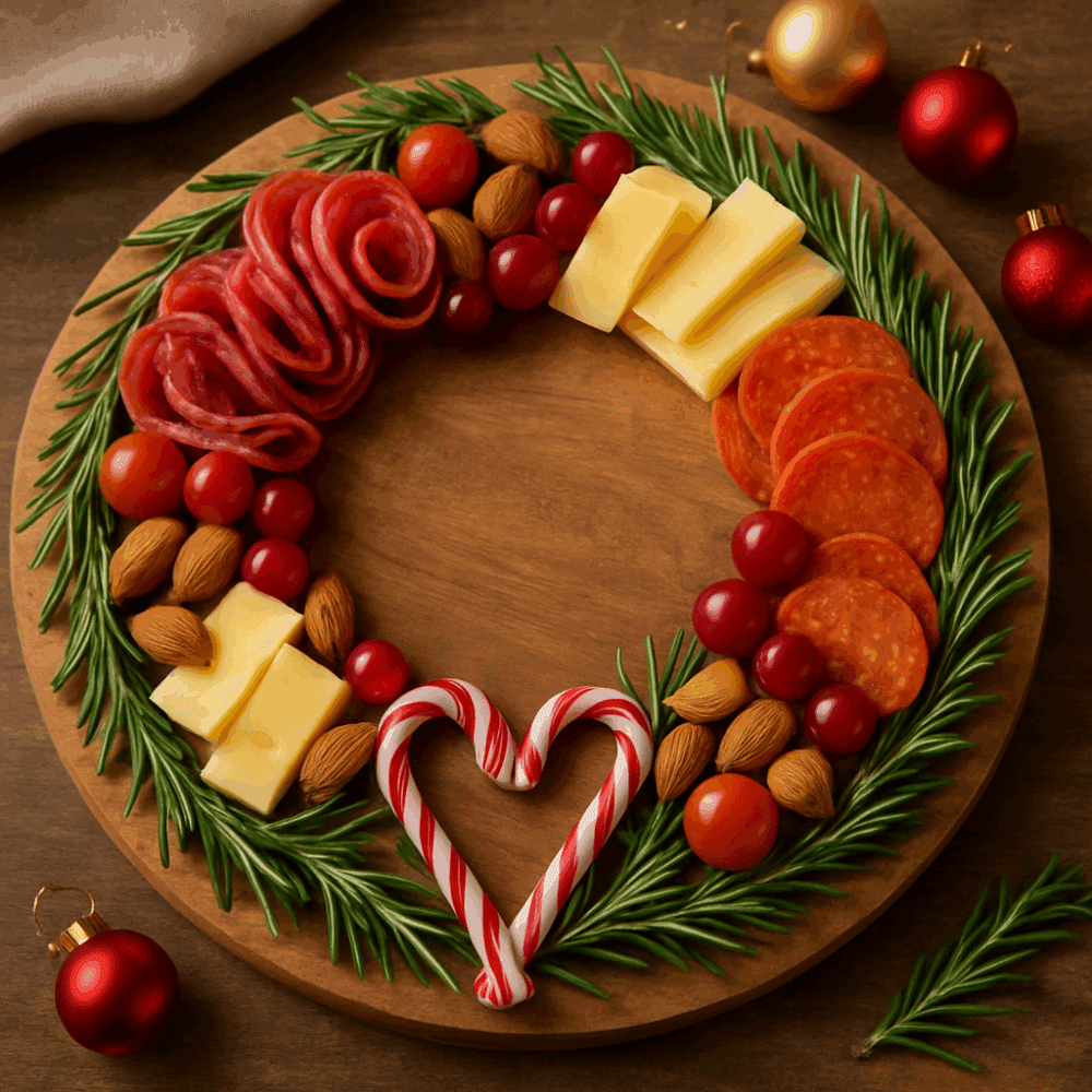Charcuterie wreath board shaped like a holiday wreath with meats, cheeses, berries, and candy canes arranged in a circle.