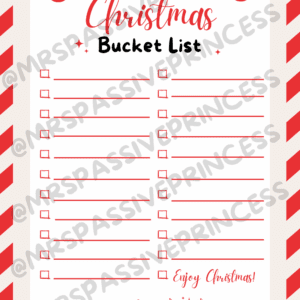 Flat lay of a cozy Christmas Bucket List Printable surrounded by holiday decor including pine branches, candy canes, twinkling lights, and a mug of hot cocoa. Aesthetic festive setup showcasing a minimalist holiday checklist with fun seasonal activities for families and couples.