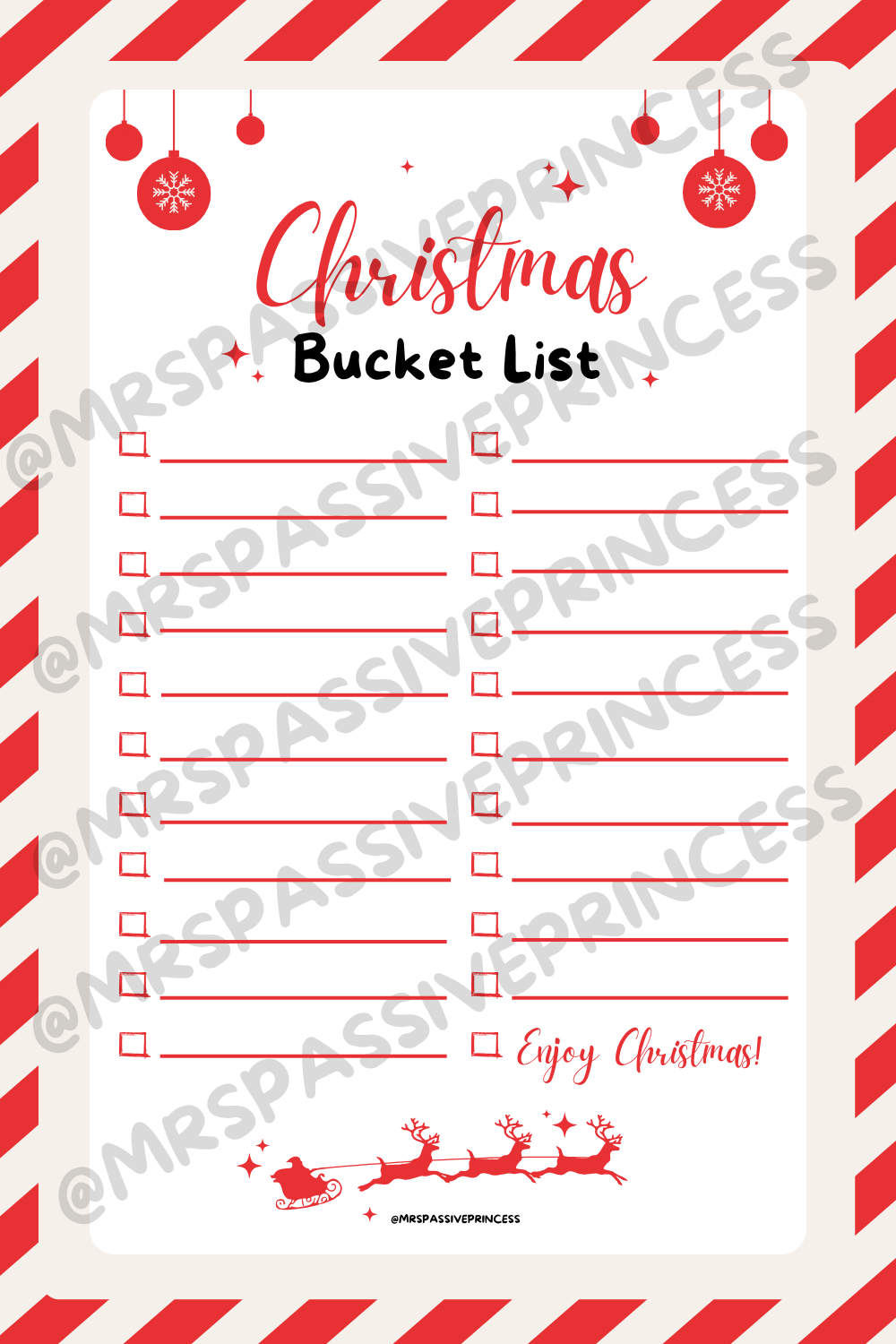 Flat lay of a cozy Christmas Bucket List Printable surrounded by holiday decor including pine branches, candy canes, twinkling lights, and a mug of hot cocoa. Aesthetic festive setup showcasing a minimalist holiday checklist with fun seasonal activities for families and couples.