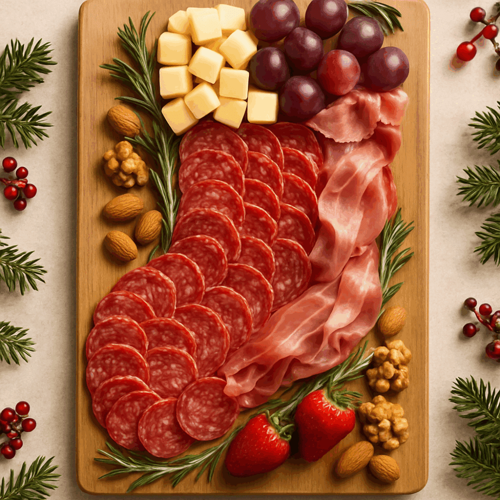Christmas stocking-shaped charcuterie board with layers of salami, cheese, grapes, and nuts arranged on a rectangular wood board, decorated with rosemary sprigs.