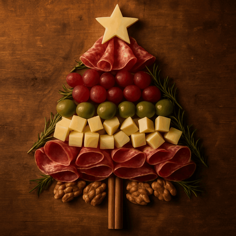 Christmas tree-shaped charcuterie board with layers of cheese, meats, grapes, nuts, and olives arranged on a rustic wood board.