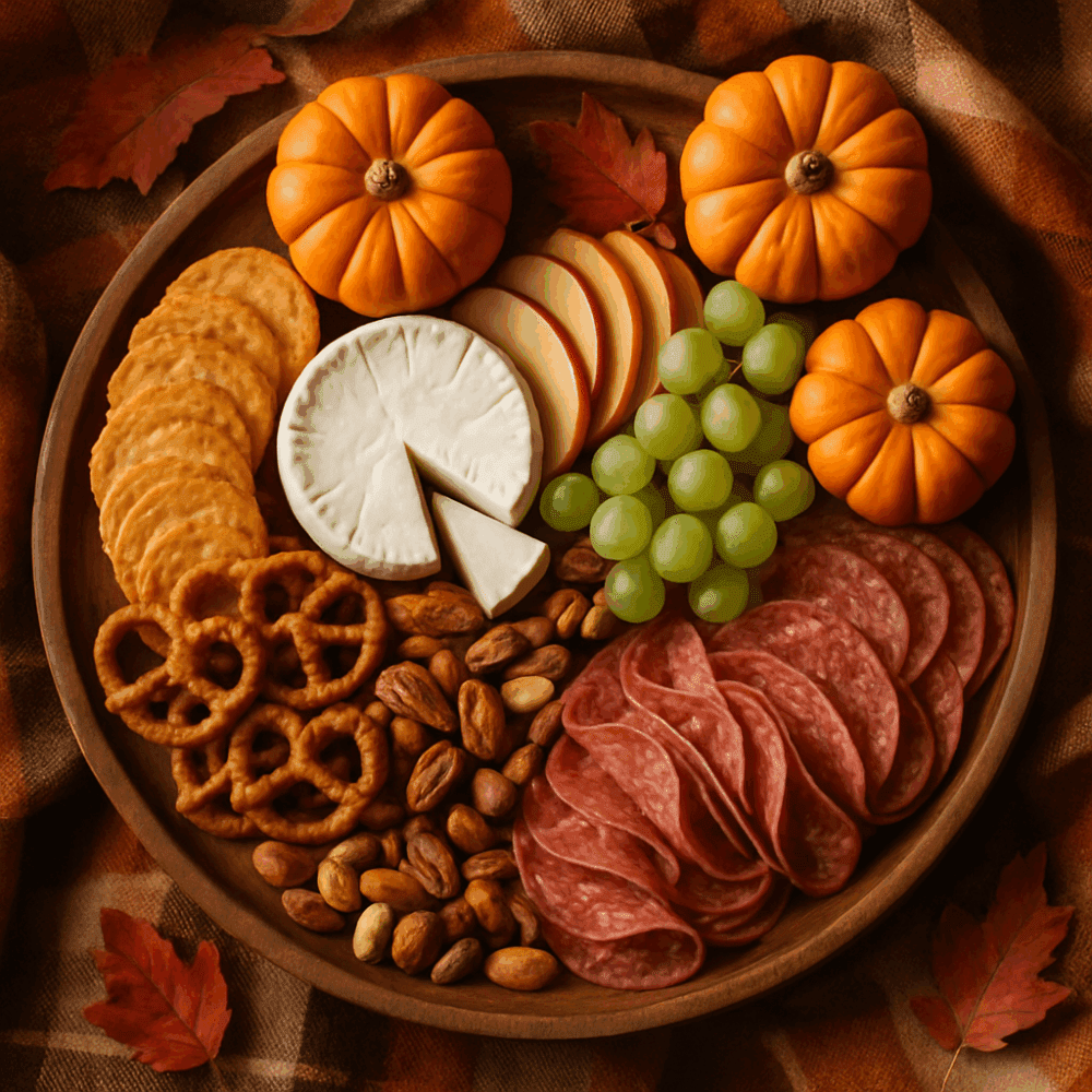 Fall harvest charcuterie board with pumpkins, cheese, meats, fruits, and pretzels styled on a plaid blanket for Thanksgiving.
