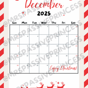 Festive December 2025 Calendar Printable with red and white candy-cane border, minimalist design, Christmas ornaments, and Santa sleigh illustration. Perfect for holiday planning, Christmas countdowns, and cozy seasonal decor.