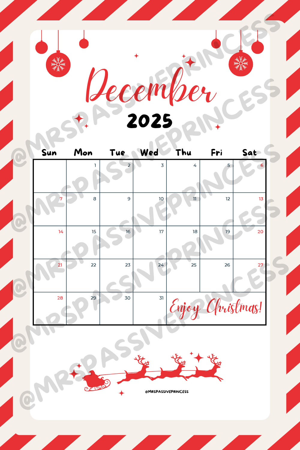 Festive December 2025 Calendar Printable with red and white candy-cane border, minimalist design, Christmas ornaments, and Santa sleigh illustration. Perfect for holiday planning, Christmas countdowns, and cozy seasonal decor.