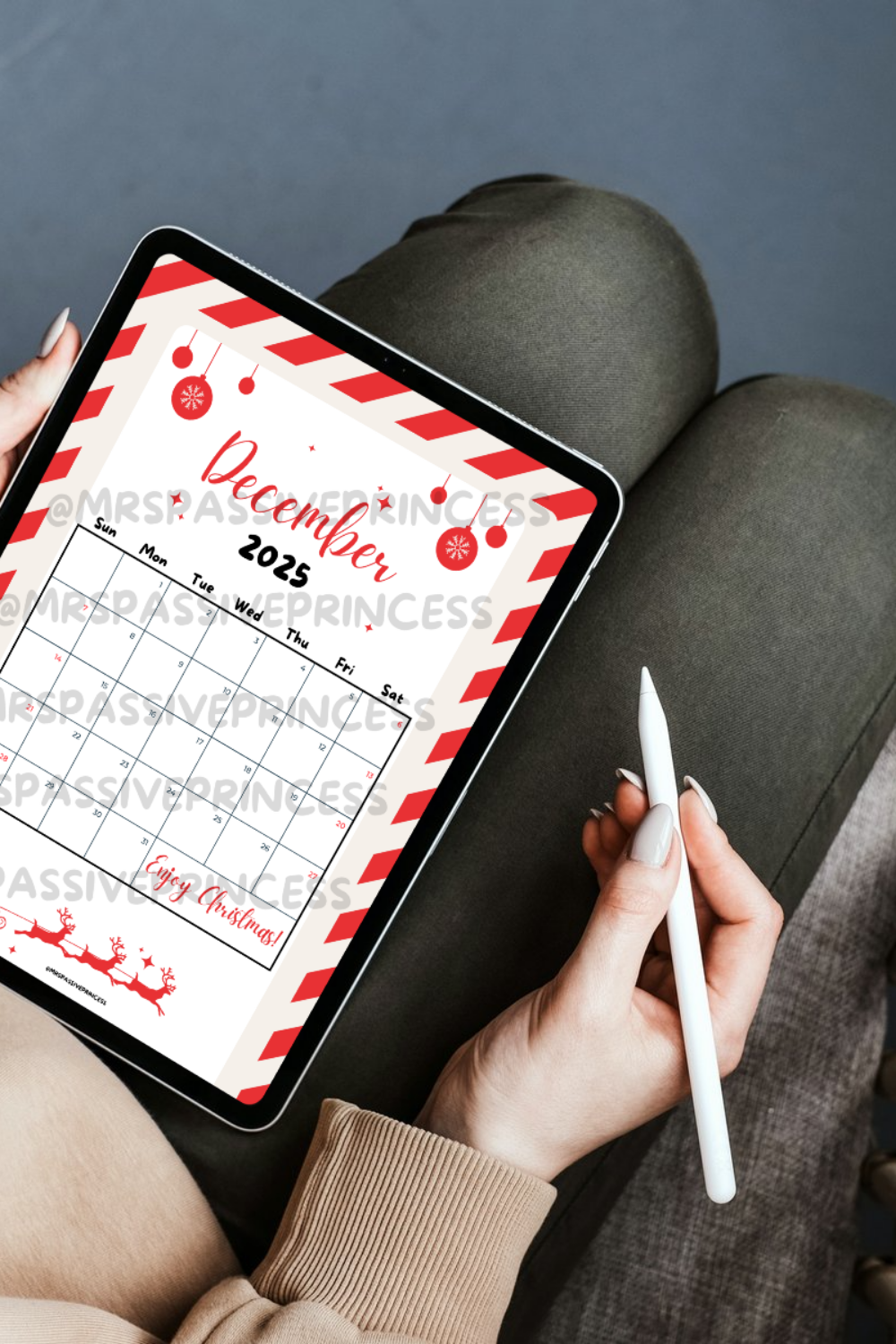 Festive December 2025 Calendar Printable with red and white candy-cane border, minimalist design, Christmas ornaments, and Santa sleigh illustration. Perfect for holiday planning, Christmas countdowns, and cozy seasonal decor.