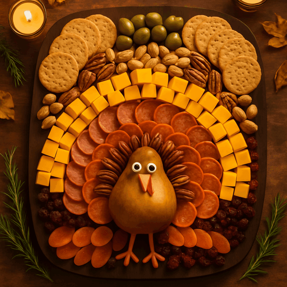 Thanksgiving turkey charcuterie board layered with meats, cheeses, nuts, dried fruit, and a round cheese head.