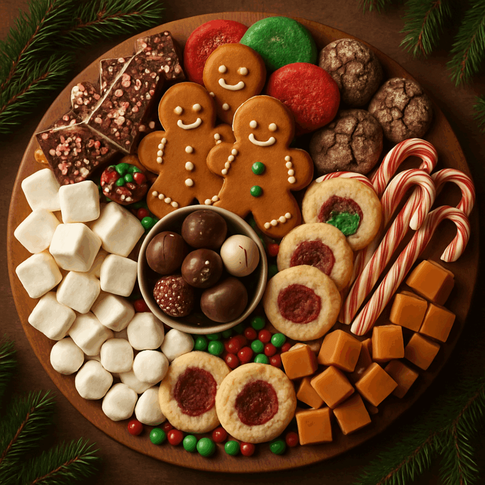 Festive dessert charcuterie board with holiday cookies, chocolate bark, peppermint candies, and Christmas treats on a wooden platter.
