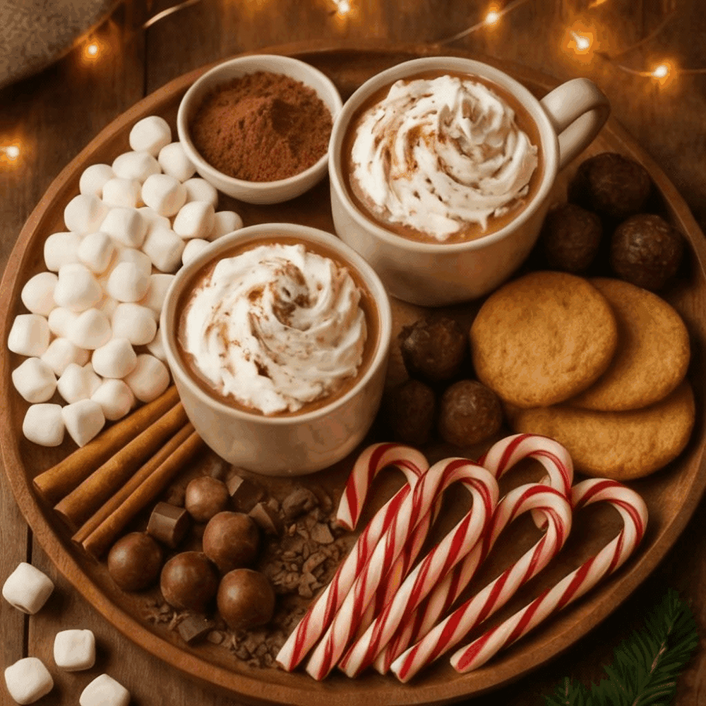 Hot cocoa dessert charcuterie board with mugs of hot chocolate, marshmallows, peppermint sticks, cookies, and chocolate treats arranged on a wooden board.