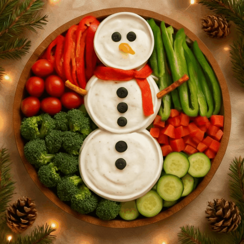 Snowman-shaped veggie charcuterie board with bowls of dip forming the snowman’s body, surrounded by fresh vegetables like cucumbers, peppers, tomatoes, and broccoli.