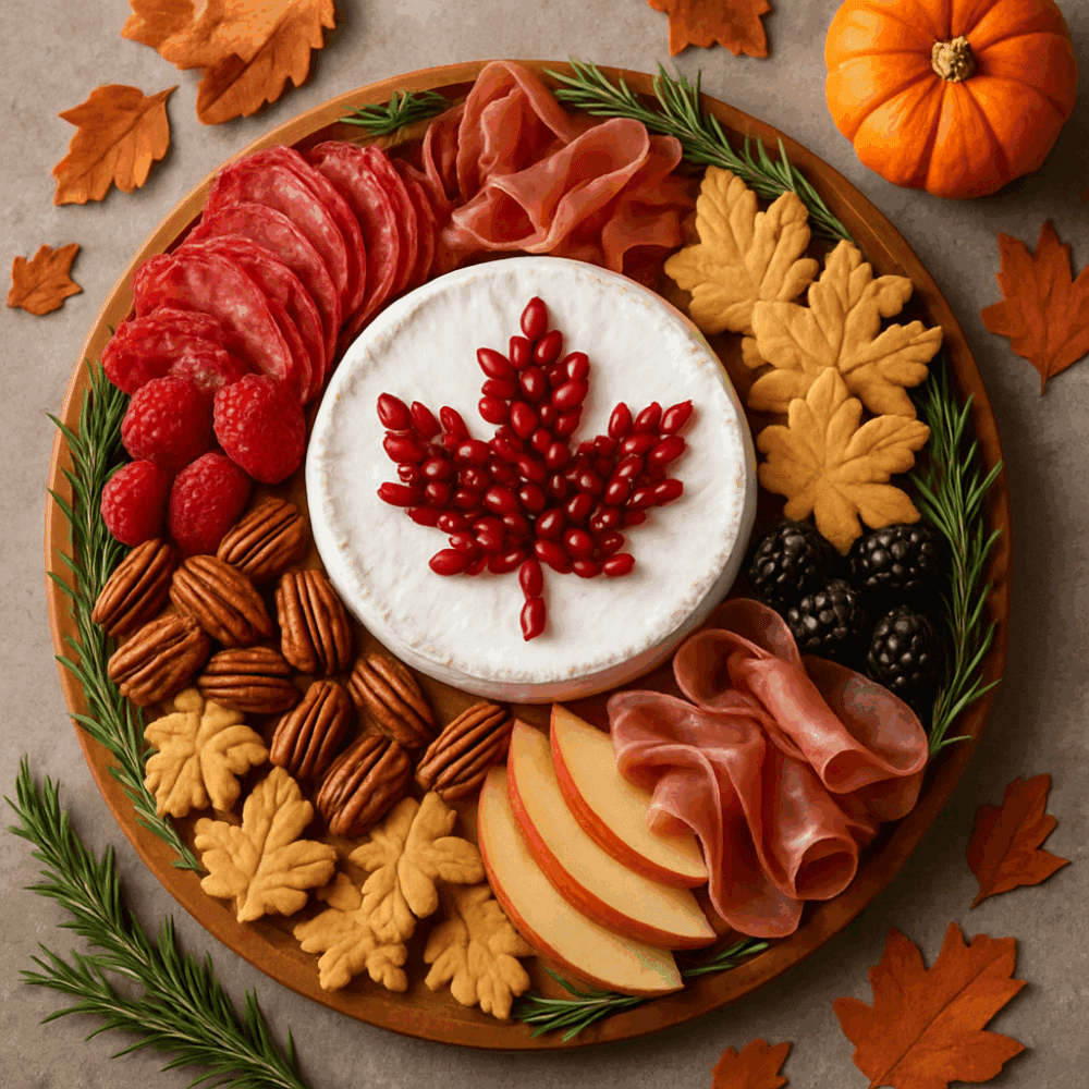 Thanksgiving charcuterie board with brie cheese topped with a pomegranate maple leaf, surrounded by fruits, meats, and fall leaves.