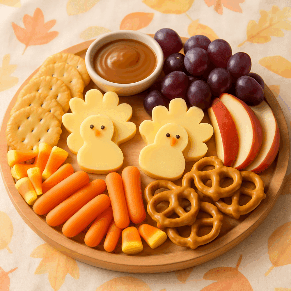 Small Thanksgiving charcuterie board with fruits, crackers, turkey-shaped cheese, and fall snacks for kids.