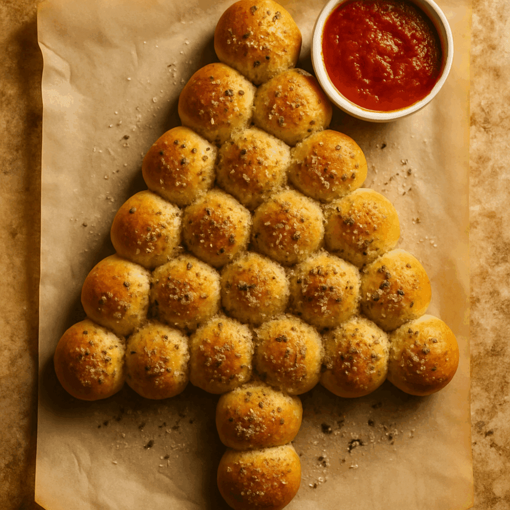Christmas tree-shaped pull-apart bread charcuterie board made with golden brown dough balls topped with garlic butter, herbs, and served with marinara sauce.