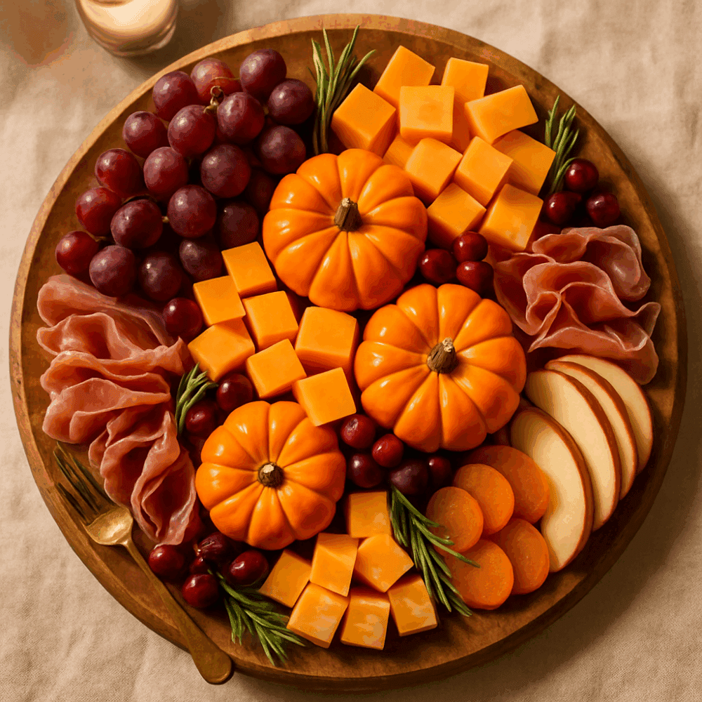 Round charcuterie board with small pumpkins, orange cheeses, meats, and grapes styled for Thanksgiving.