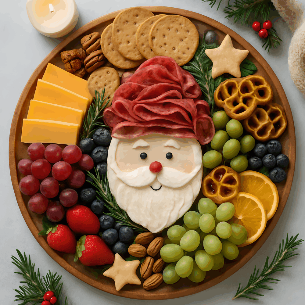cozy Santa Clause Christmas charcuterie board idea. Santa-themed Christmas charcuterie board with a Santa face made of cheese and salami, surrounded by fruit, nuts, and crackers.