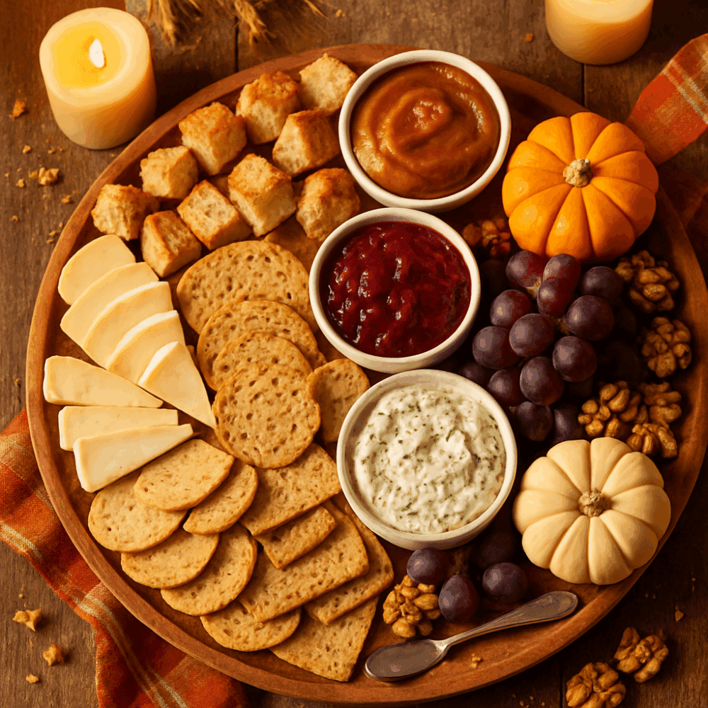 Thanksgiving charcuterie board with bread bites, pumpkin butter, herb dips, cheeses, and fall decorations.