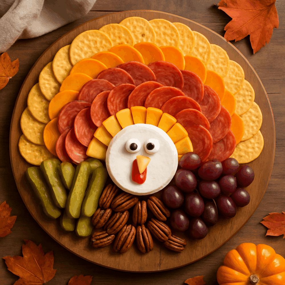 Turkey-shaped charcuterie board with salami, cheese slices, crackers, and a turkey-shaped cheese ball in the center.
