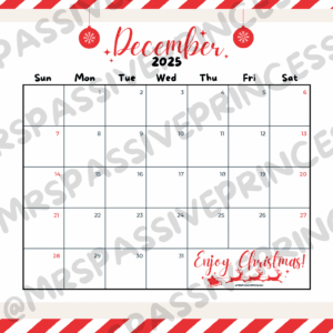 Festive December 2025 Calendar Printable with red and white candy-cane border, minimalist design, Christmas ornaments, and Santa sleigh illustration. Perfect for holiday planning, Christmas countdowns, and cozy seasonal decor.