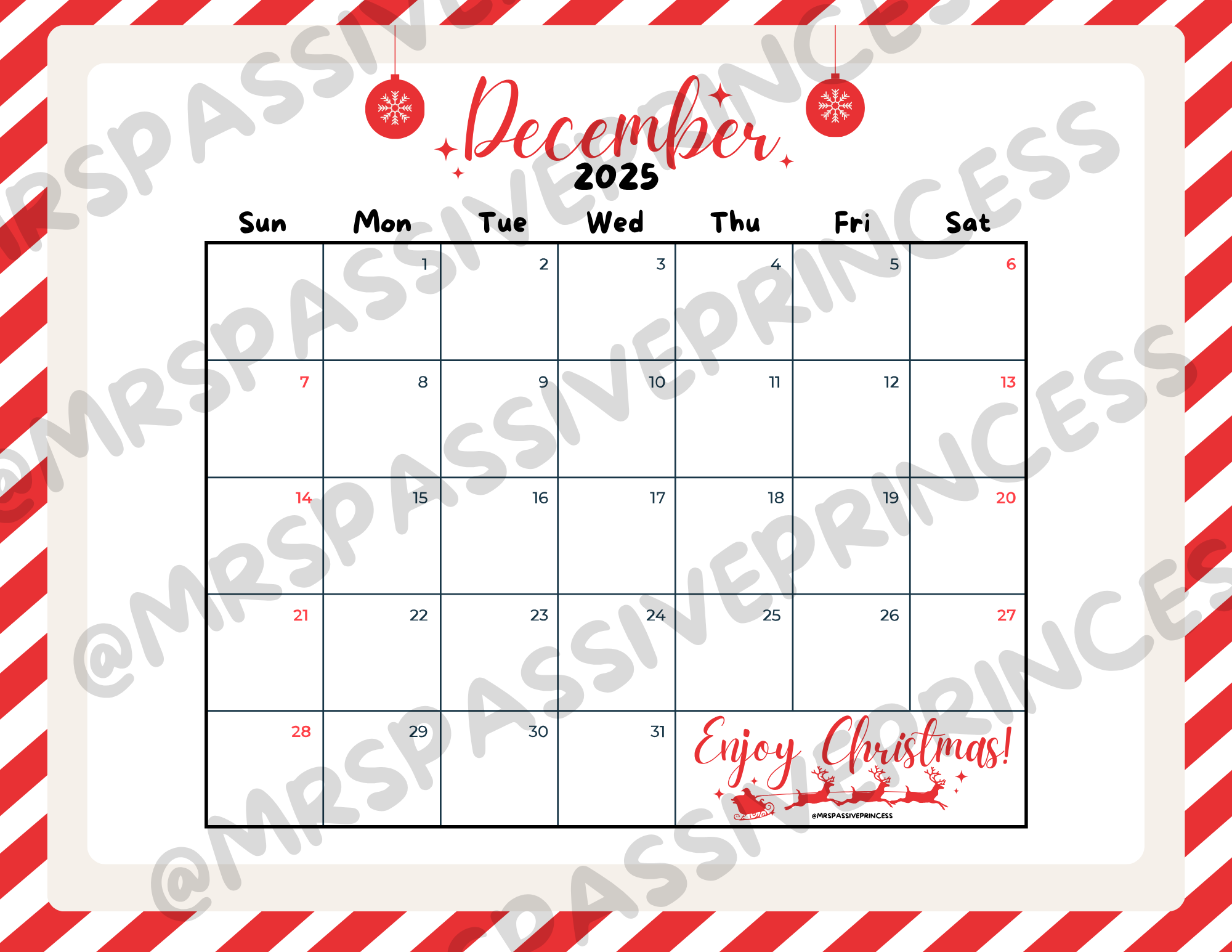 Festive December 2025 Calendar Printable with red and white candy-cane border, minimalist design, Christmas ornaments, and Santa sleigh illustration. Perfect for holiday planning, Christmas countdowns, and cozy seasonal decor.